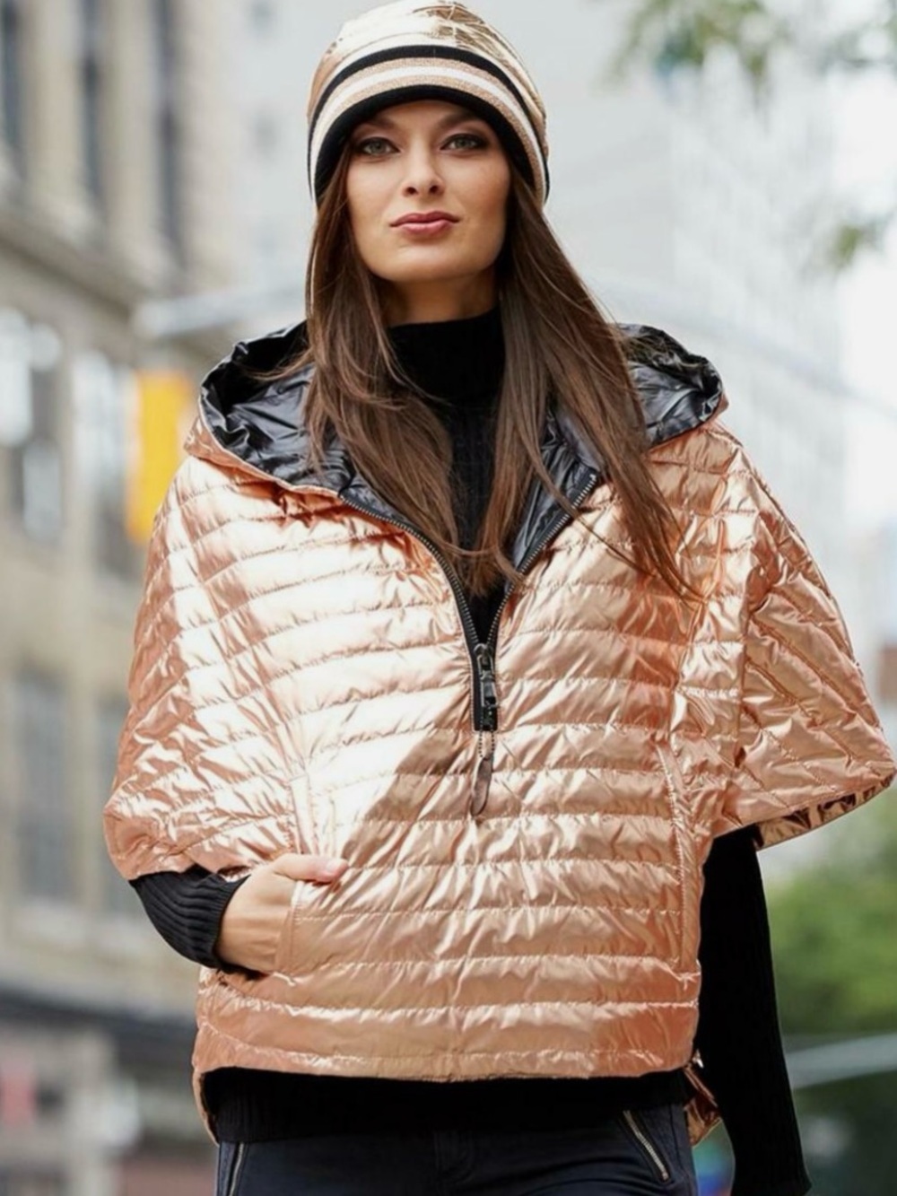 Think Royln Metallic Puffer Poncho